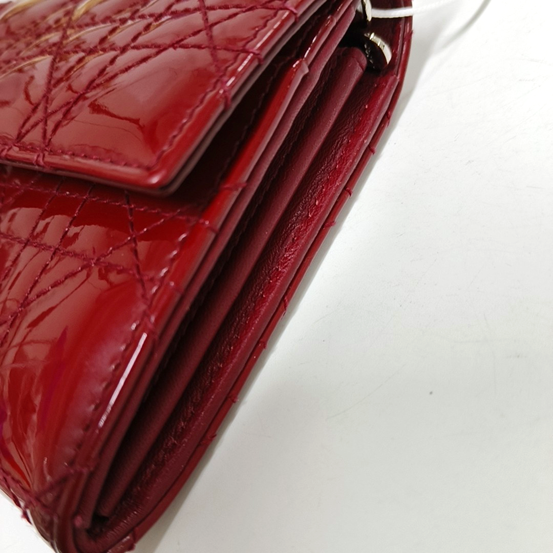 DIOR Lady Dior Burgundy Patent Leather Basketweave Stitched Wallet Golden hardware-(SKU)-950463180