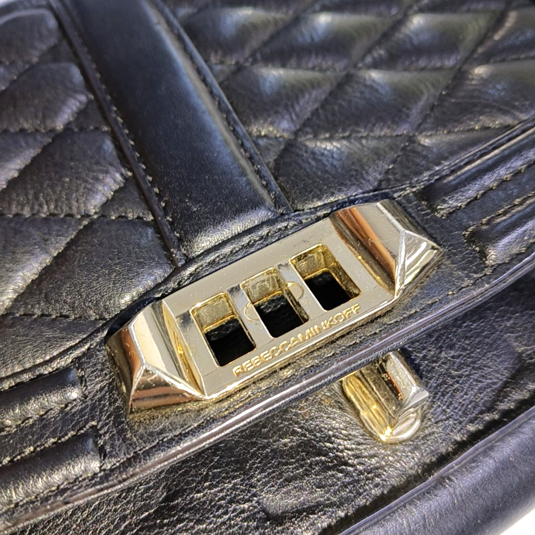 REBECCA MINKOFF Love Black leather quilted crossbody single shoulder bag Golden hardware Removable shoulder strap-(SKU)-935256767
