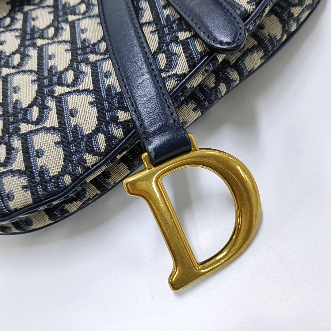 DIOR Saddle Small Size Blue Canvas Monogram Saddle Bag Single Shoulder Bag Golden Hardware-(SKU)-966733387