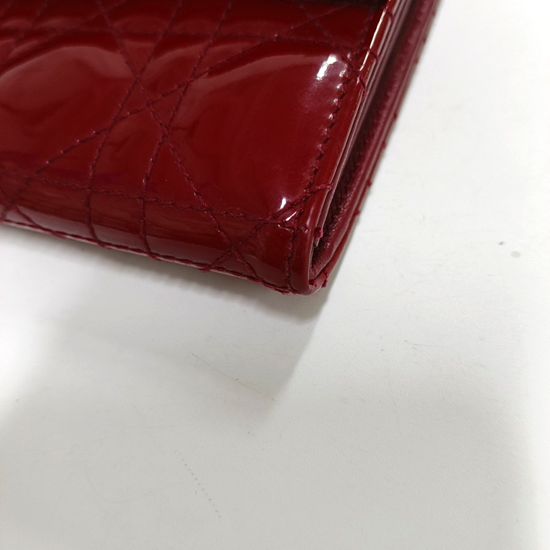 DIOR Lady Dior Burgundy Patent Leather Basketweave Stitched Wallet Golden hardware-(SKU)-950463180