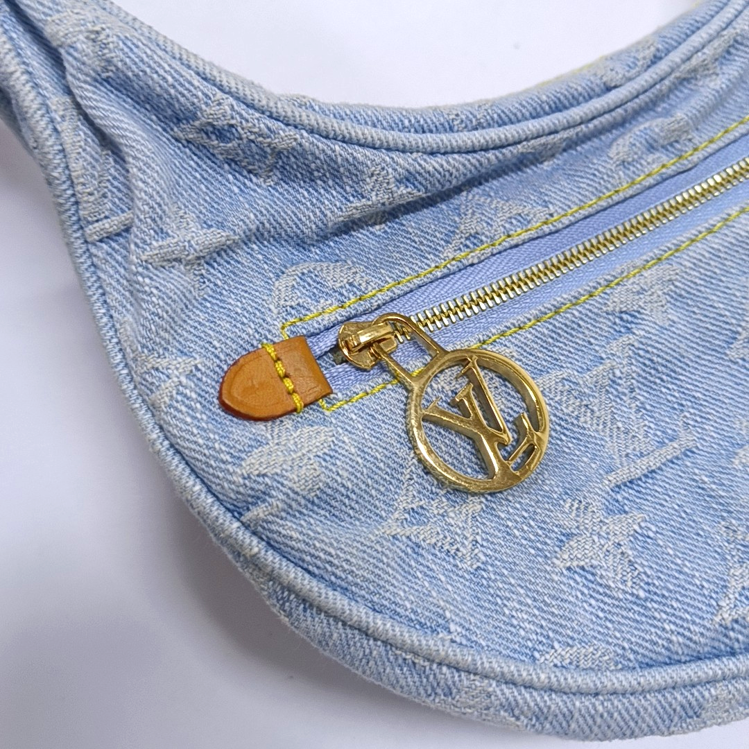 LOUIS VUITTON LOOP Light Blue Denim Monogram Embroidered Crescent Bag Crossbody Shoulder Bag Gold Hardware 2 Removable Straps-(SKU)-961361306
