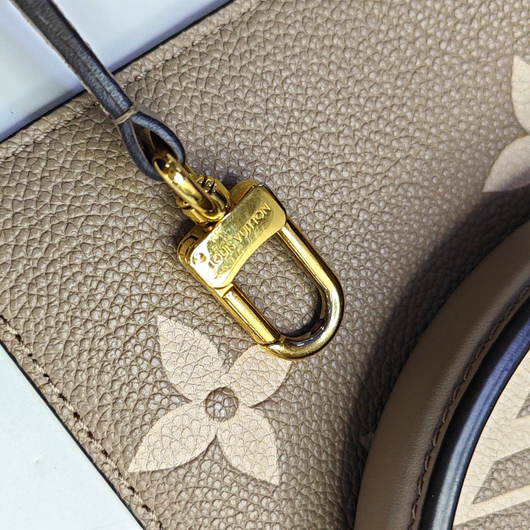 LOUIS VUITTON NÉONOÉ Medium Grey Calfskin Monogram Embossed Bucket Bag Shoulder Bag Tote Bag Crossbody Bag Gold Hardware 2 Removable Straps Pockets Included-(SKU)-969940644