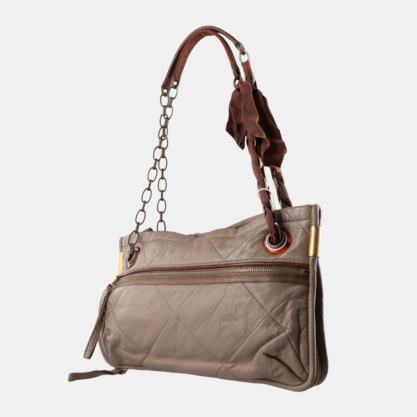 LANVIN Grey Leather Quilted Single Shoulder Bag Gold Brown Hardware-(SKU)-14232379