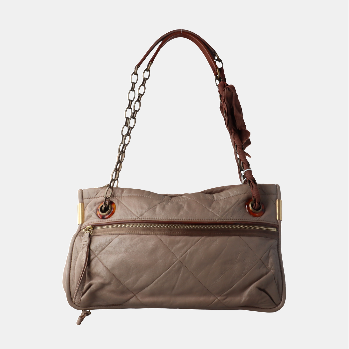 LANVIN Grey Leather Quilted Single Shoulder Bag Gold Brown Hardware-(SKU)-14232379