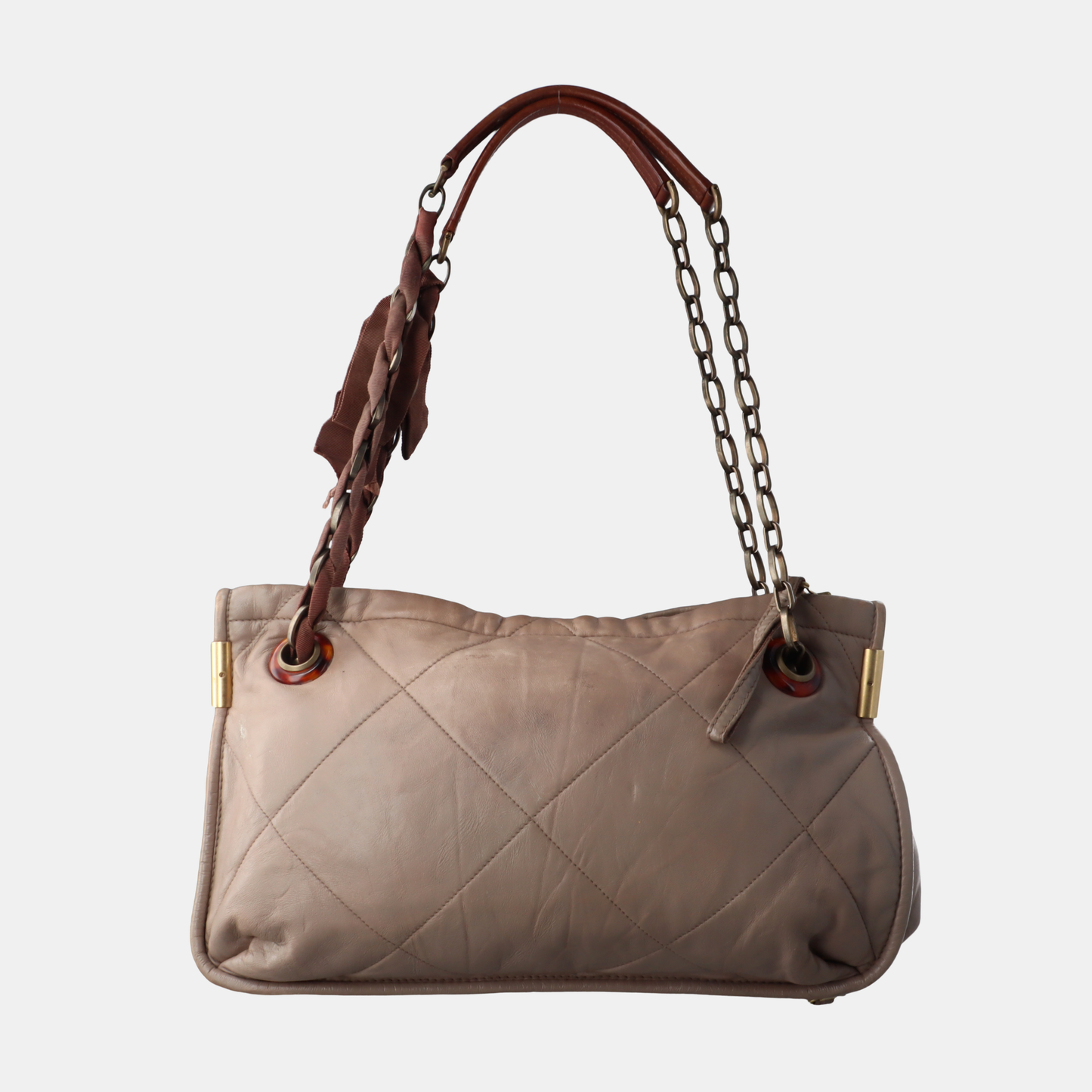 LANVIN Grey Leather Quilted Single Shoulder Bag Gold Brown Hardware-(SKU)-14232379