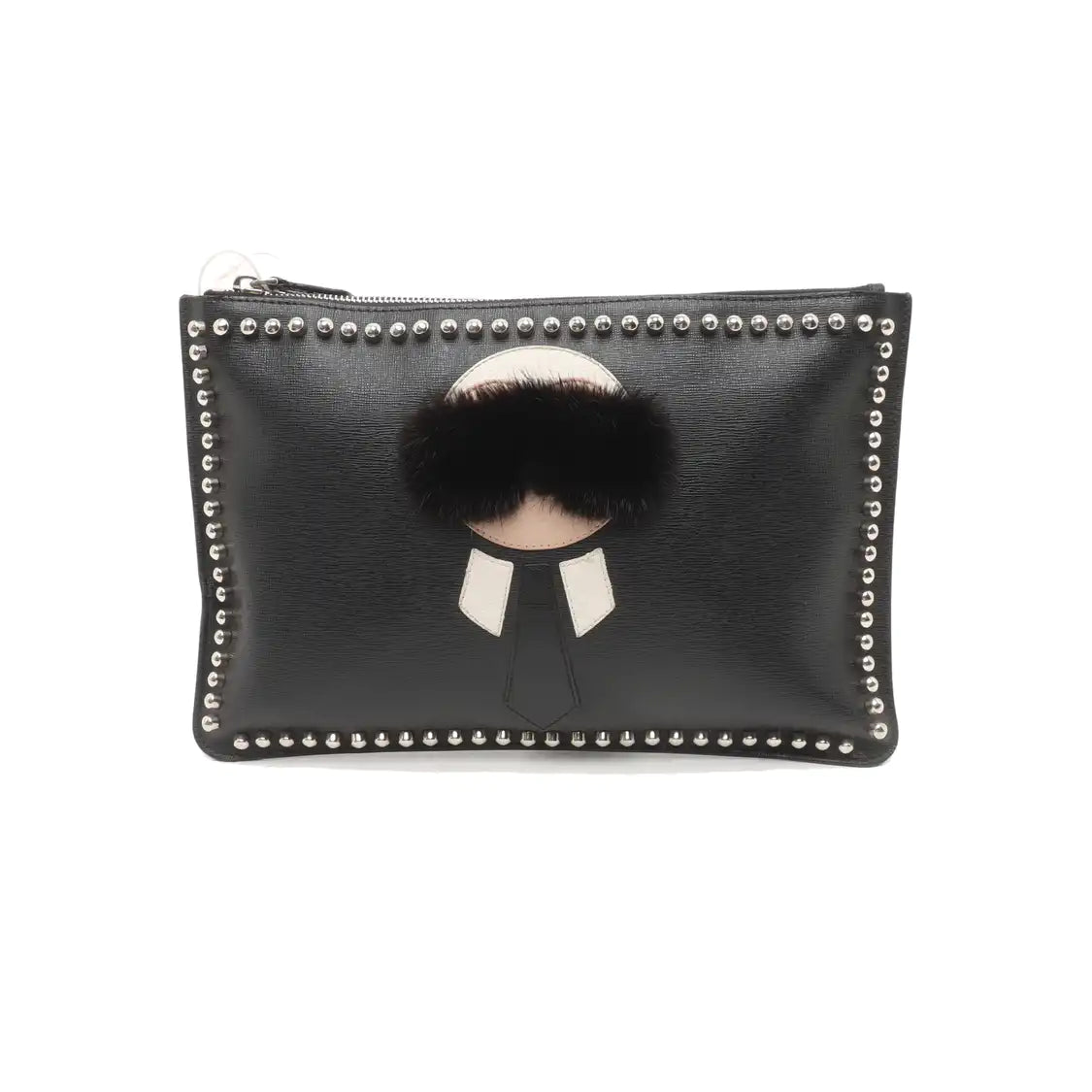 FENDI Karlito Black Leather Studs Handbag Silver Hardware-(SKU)-934933009