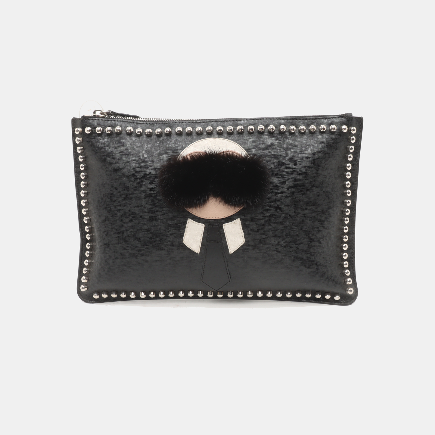 FENDI Karlito Black Leather Studs Handbag Silver Hardware-(SKU)-934933009