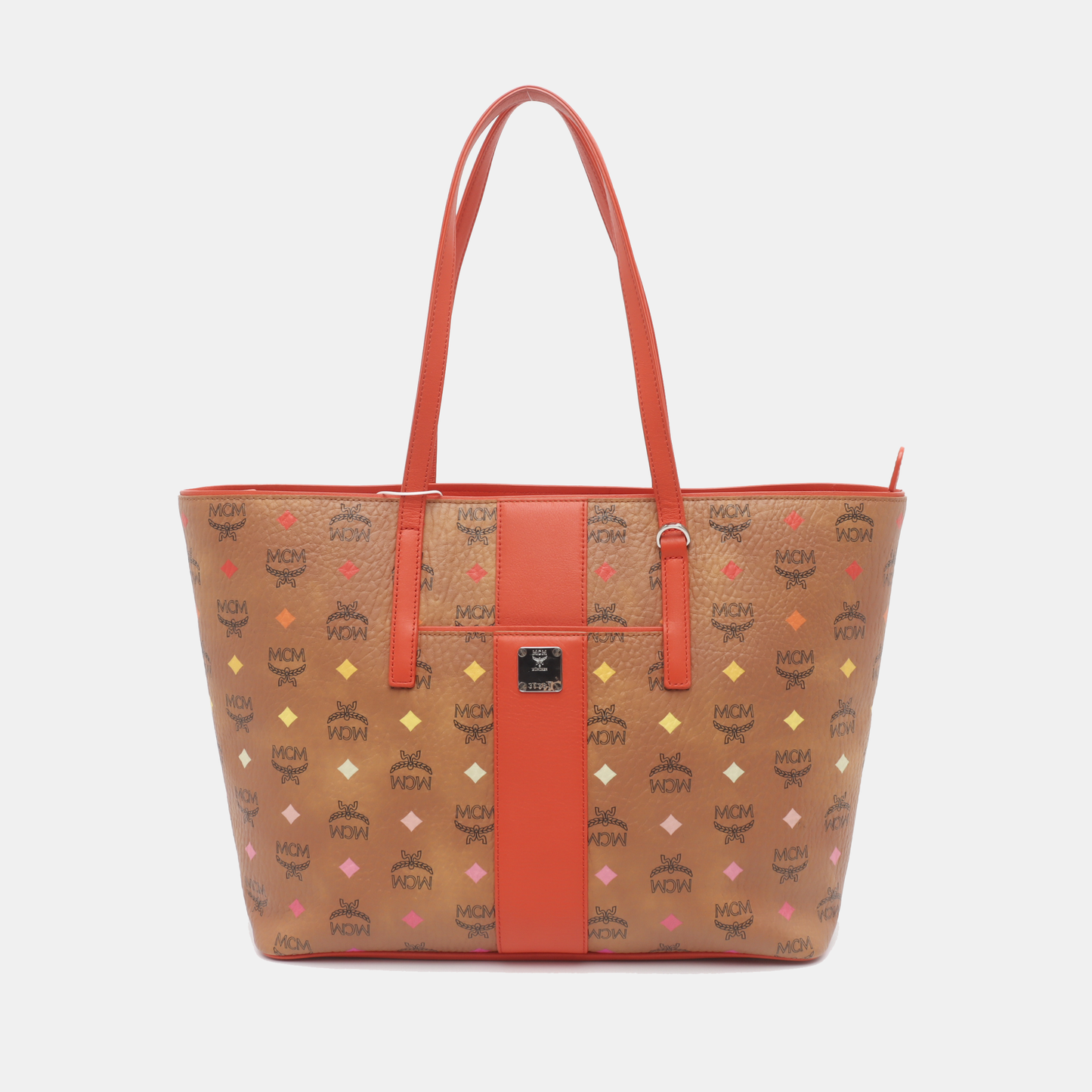 MCM ANYA Medium size Cognac Coated Canvas Monogrammed Single Shoulder Bag Tote Silver Hardware-(SKU)-936157211