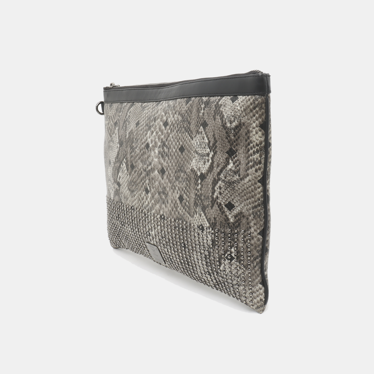 MCM Gray Coated Canvas Monogram Studs Clutch Silver Hardware-(SKU)-936462399