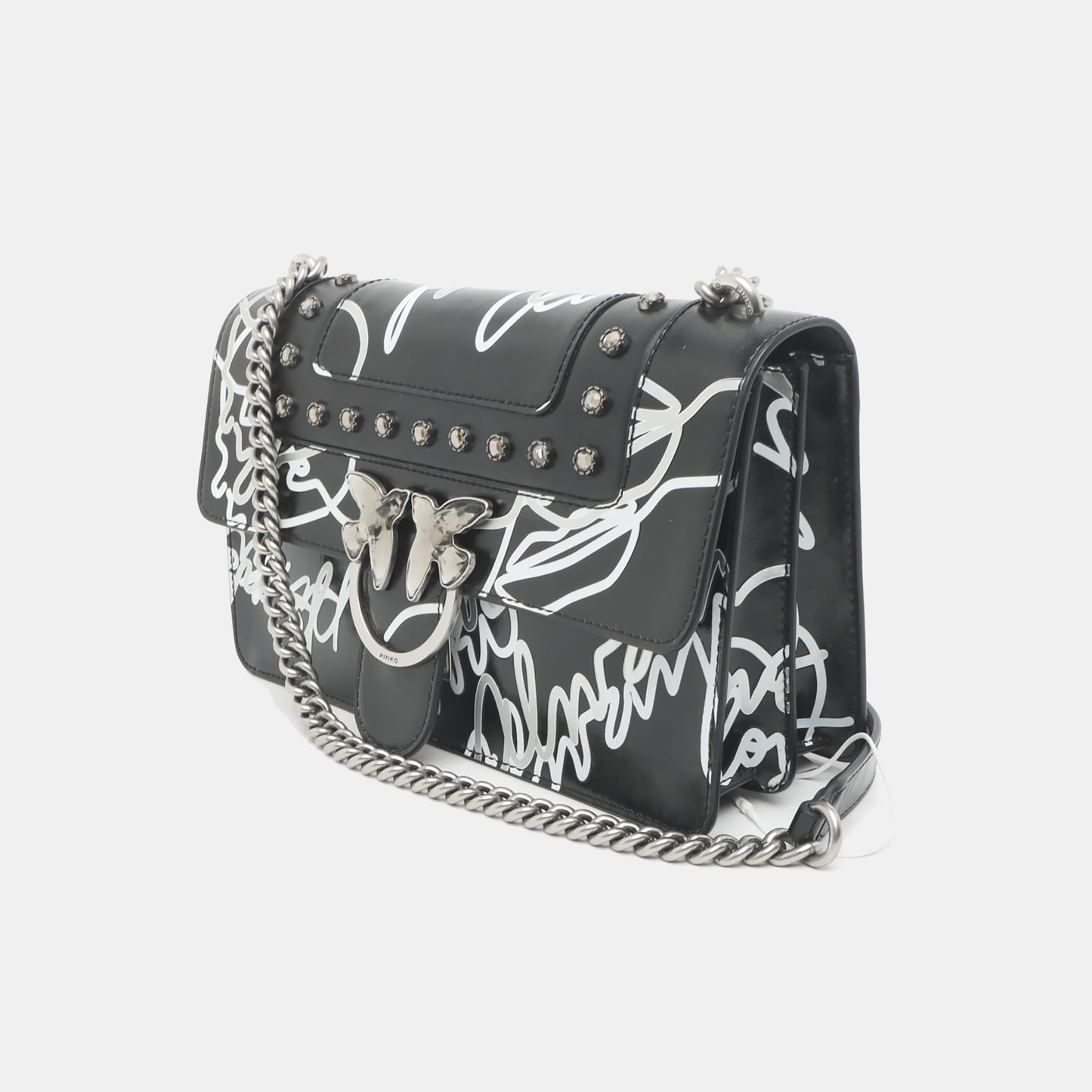 PINKO Mini Love Black Leather Stud Printed Crossbody Single Shoulder Bag Silver Hardware-(SKU)-936420003