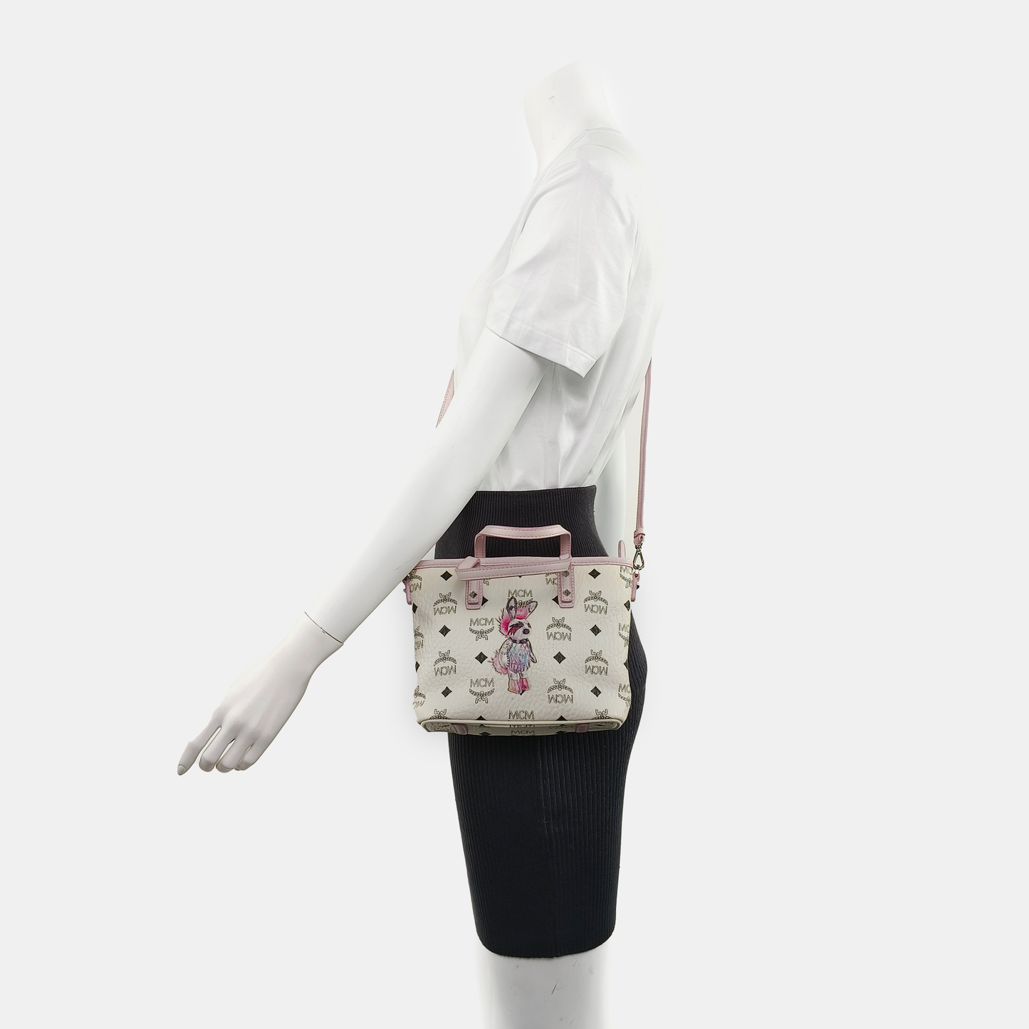 MCM ANYA mini White coated canvas old floral rabbit single shoulder bag Silver Hardware Removable shoulder strap-(SKU)-940066855