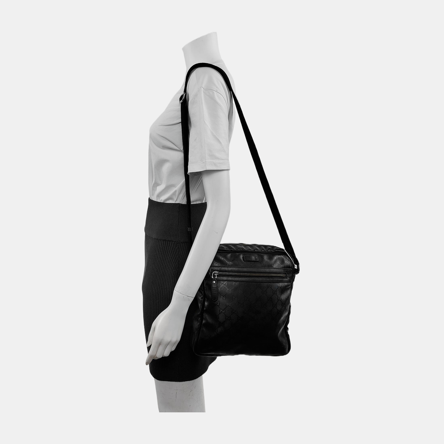 GUCCI Grey Coated Canvas Monogram Single Shoulder Bag Crossbody Silver Hardware-(SKU)-940261237