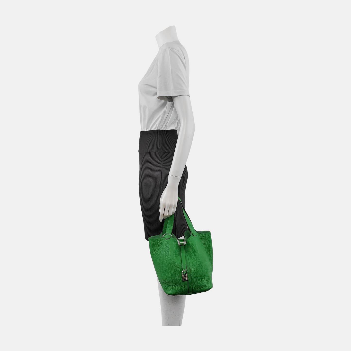 HERMÈS Picotin Lock 22 Bamboo Green Clemence Calfskin Basket Handbag with Detachable Strap, Silver Hardware, 🅁-(SKU)-940900076