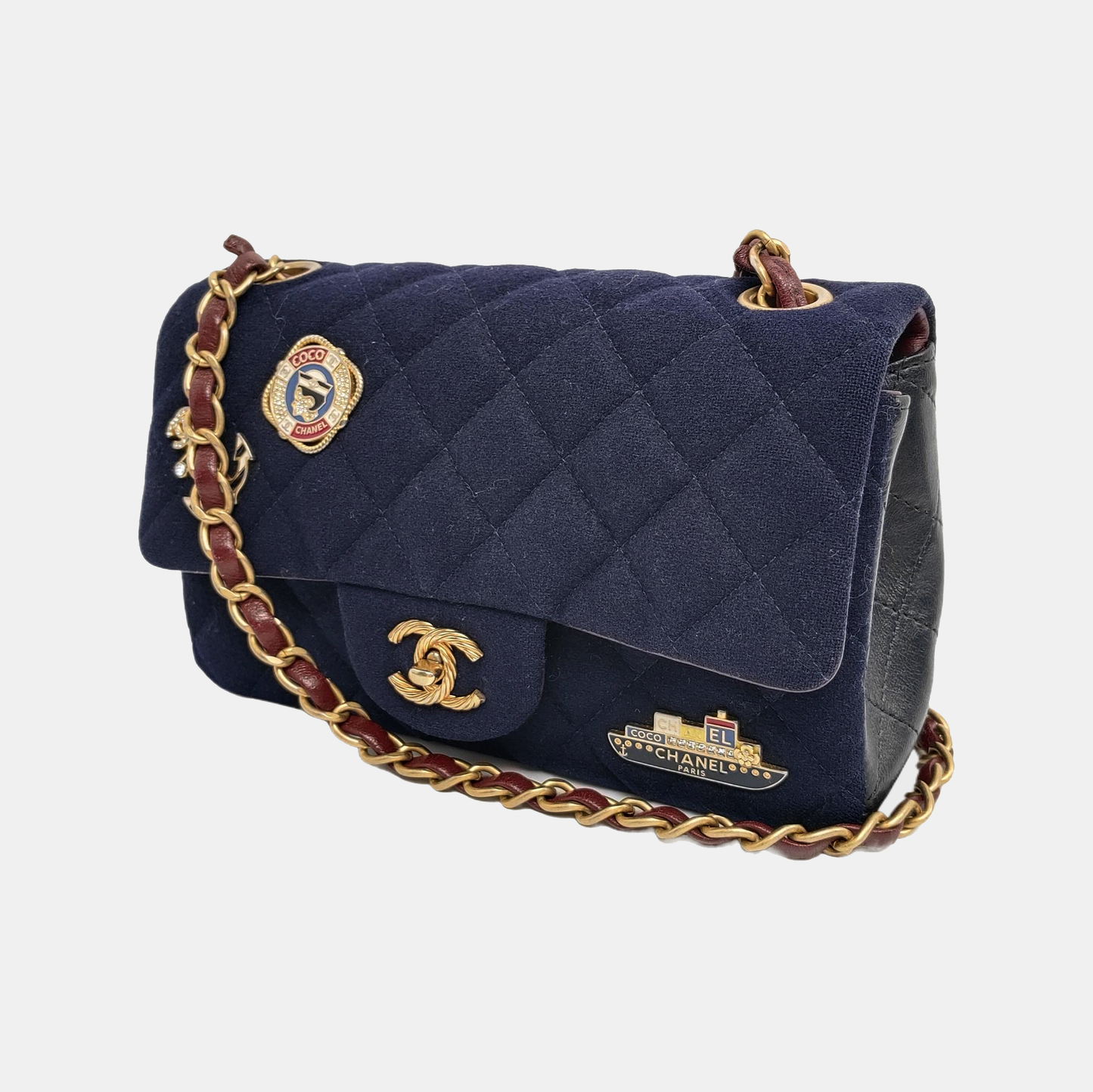 CHANEL CLASSIC FLAP Mini Deep Blue Fabric Monogram Shoulder Bag, Crossbody with Detachable Strap, Golden Hardware, 26 Clasps-(SKU)-940910640