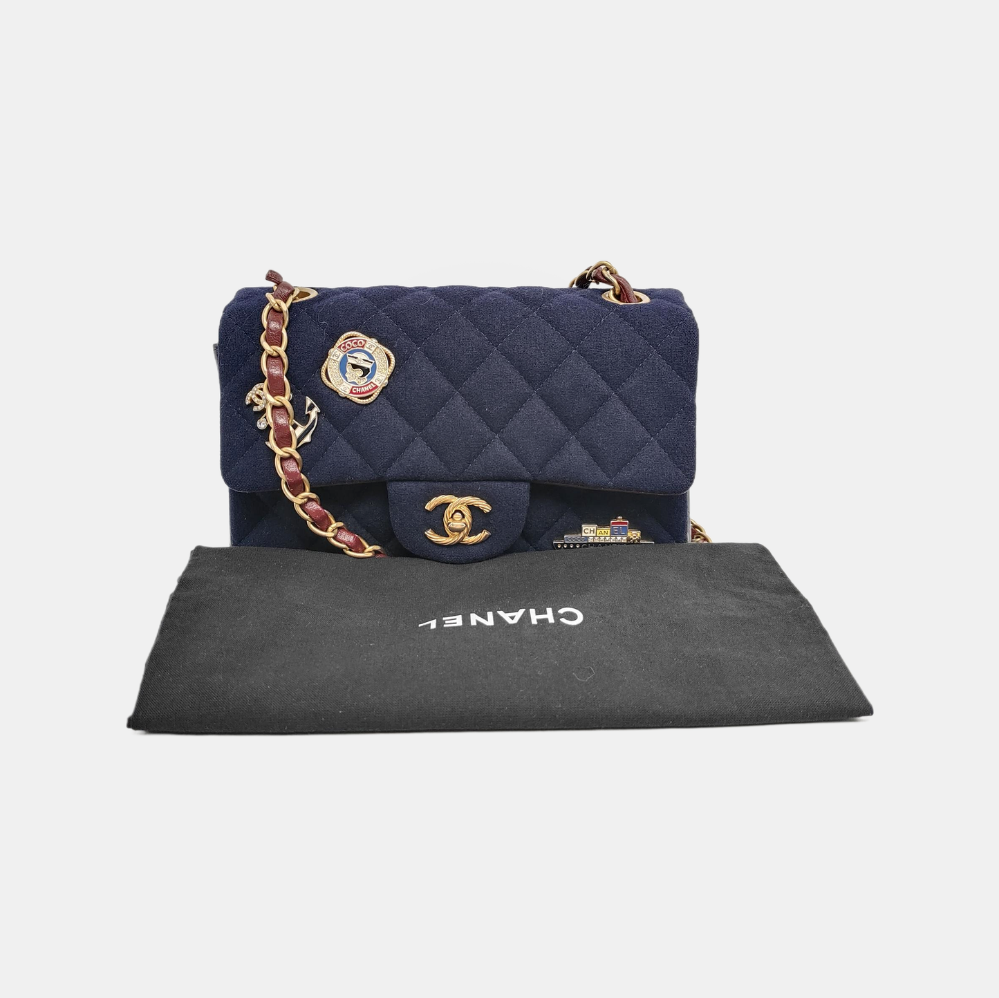 CHANEL CLASSIC FLAP Mini Deep Blue Fabric Monogram Shoulder Bag, Crossbody with Detachable Strap, Golden Hardware, 26 Clasps-(SKU)-940910640