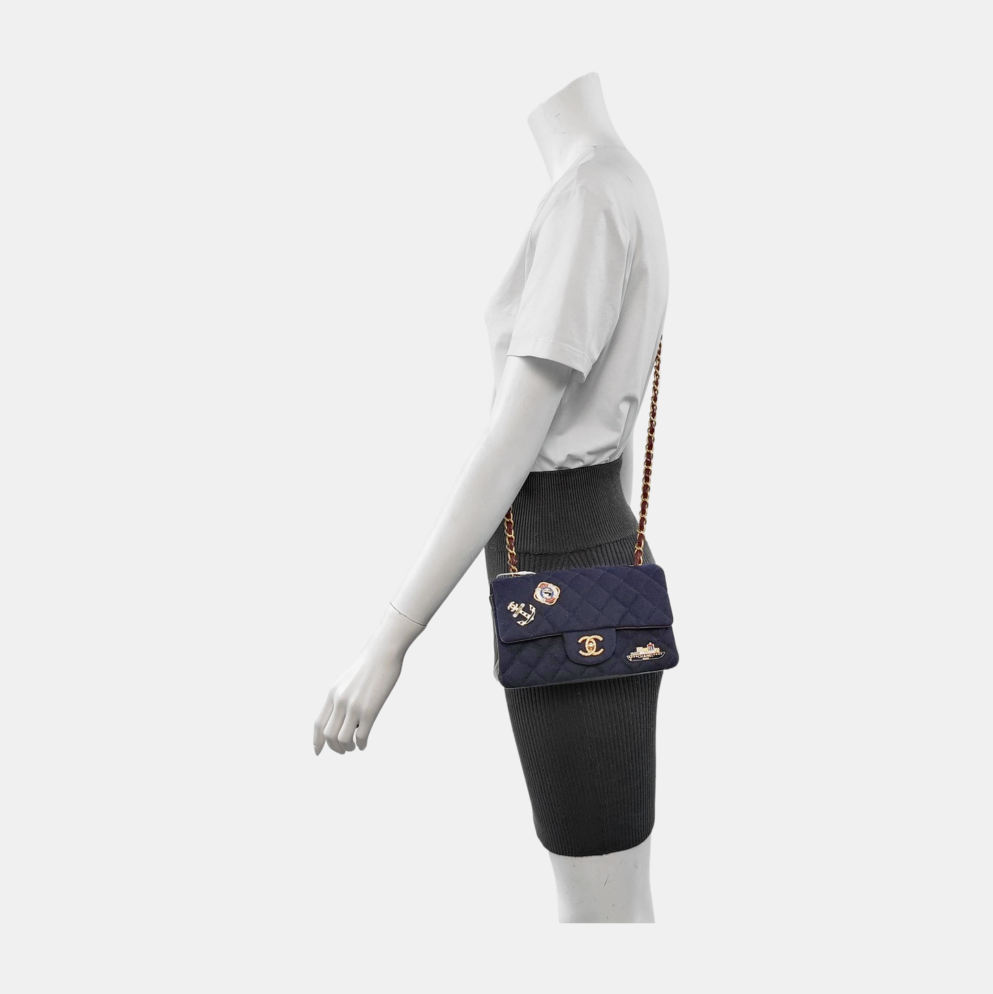 CHANEL CLASSIC FLAP Mini Deep Blue Fabric Monogram Shoulder Bag, Crossbody with Detachable Strap, Golden Hardware, 26 Clasps-(SKU)-940910640