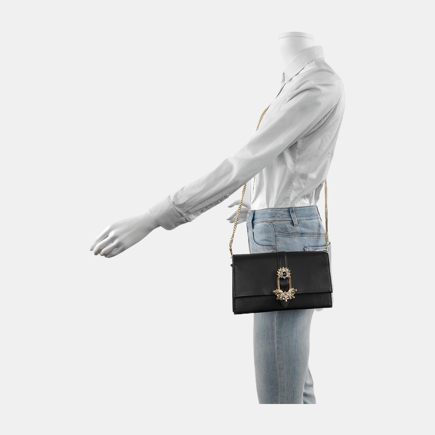 MICHAEL KORS Black Leather Embellished Shoulder Bag Crossbody Golden hardware Removable shoulder strap-(SKU)-942807098