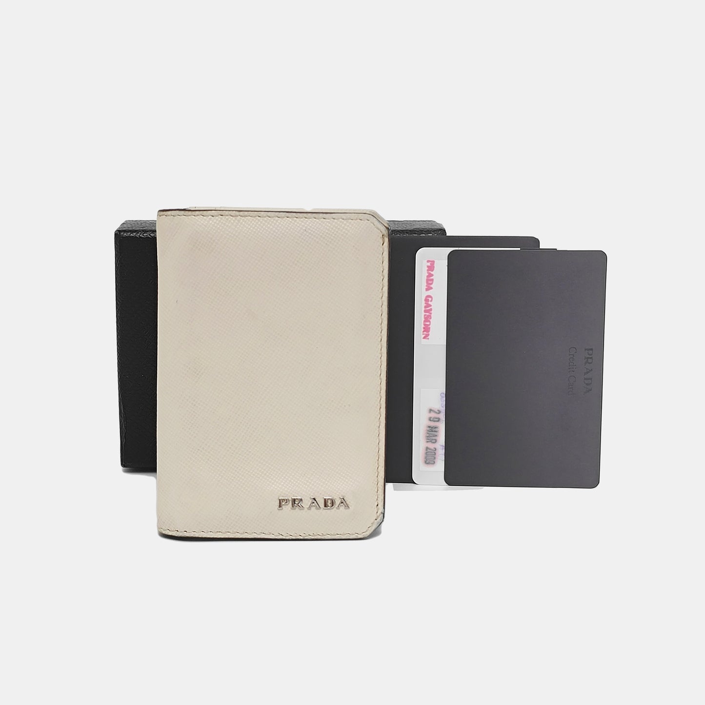 PRADA White Cowhide Crosshatch Card Case Silver Hardware-(SKU)-943649061