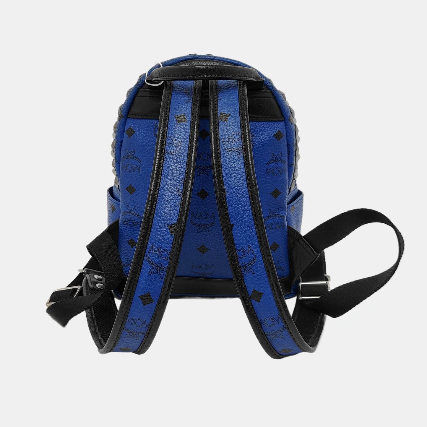 MCM STARK mini Blue Coated Canvas Monogrammed Stud Double Backpack Silver Black Hardware-(SKU)-943802065