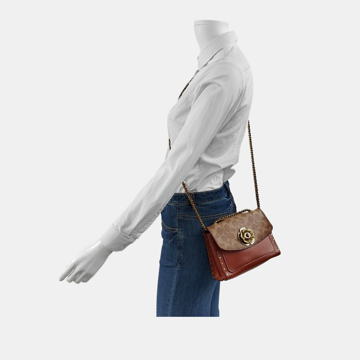COACH PARKER 18 Brown Coated Canvas Monogrammed Studs Crossbody Shoulder Bag Golden hardware-(SKU)-944285676
