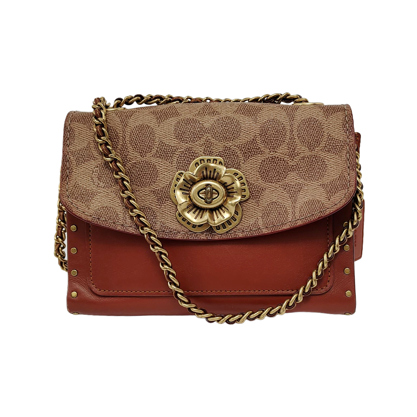 COACH PARKER 18 Brown Coated Canvas Monogrammed Studs Crossbody Shoulder Bag Golden hardware-(SKU)-944285676