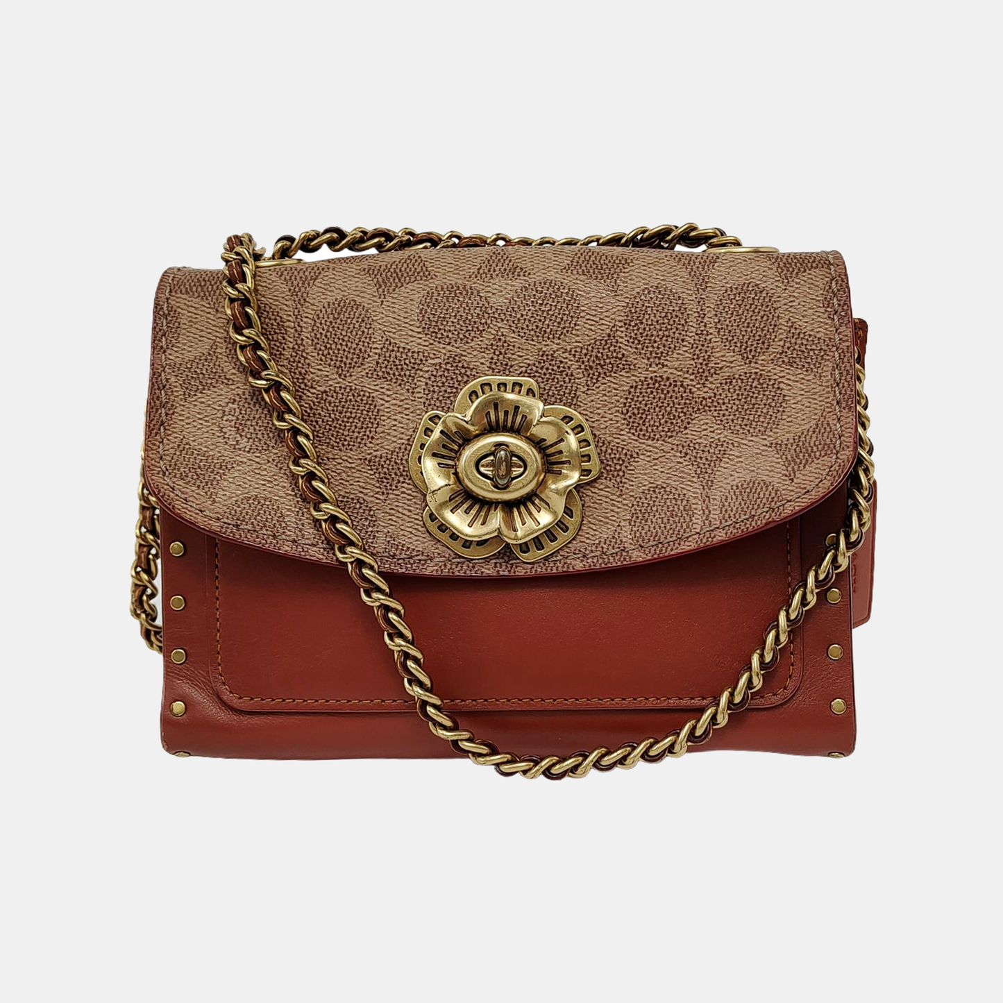 COACH PARKER 18 Brown Coated Canvas Monogrammed Studs Crossbody Shoulder Bag Golden hardware-(SKU)-944285676