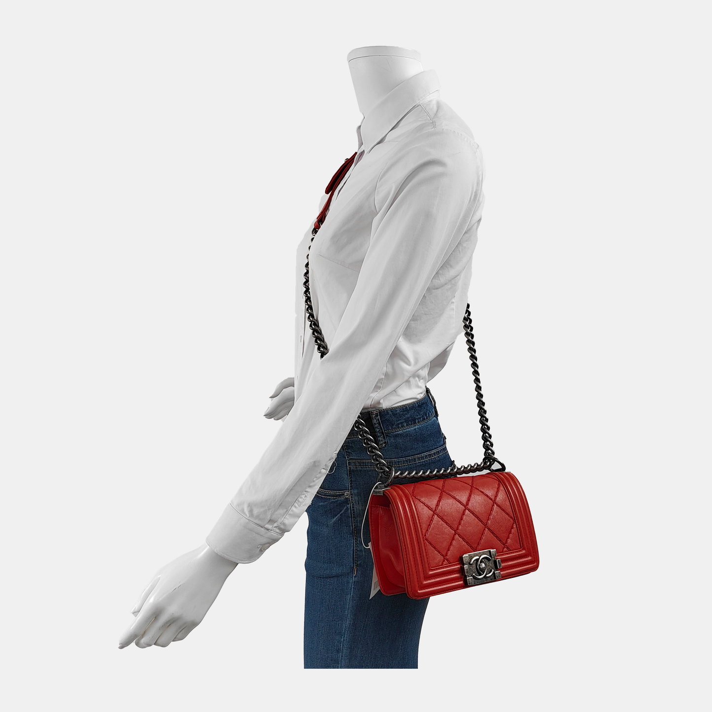 CHANEL BOY CHANEL Small Size Red Calfskin Quilted Chevron Single Shoulder Bag Crossbody Bag Rhodium Plated Hardware 18 Clasp Removable Shoulder Strap-(SKU)-943373745