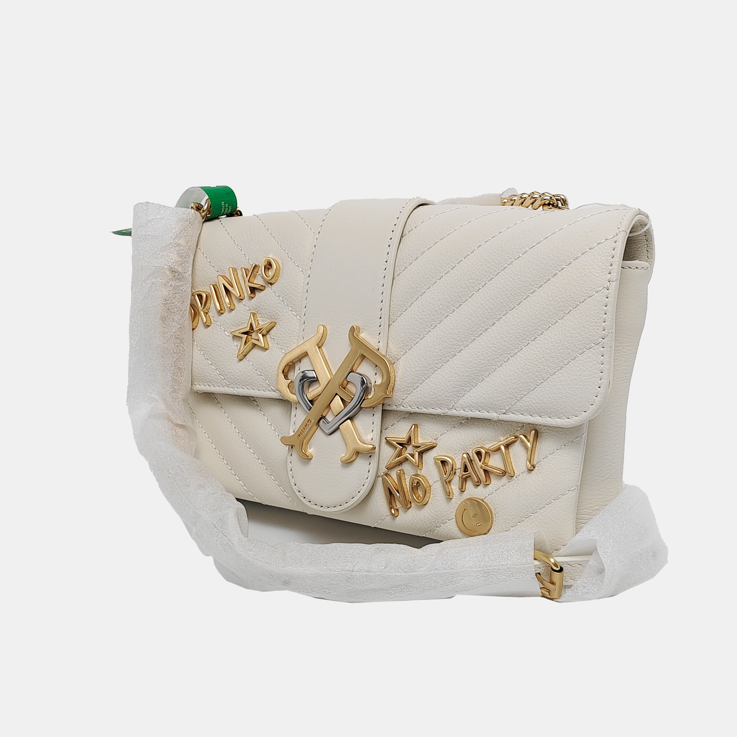 PINKO mini White Leather Quilted Stud Crossbody Bag, Single Shoulder Bag Golden Silver Hardware-(SKU)-944691063
