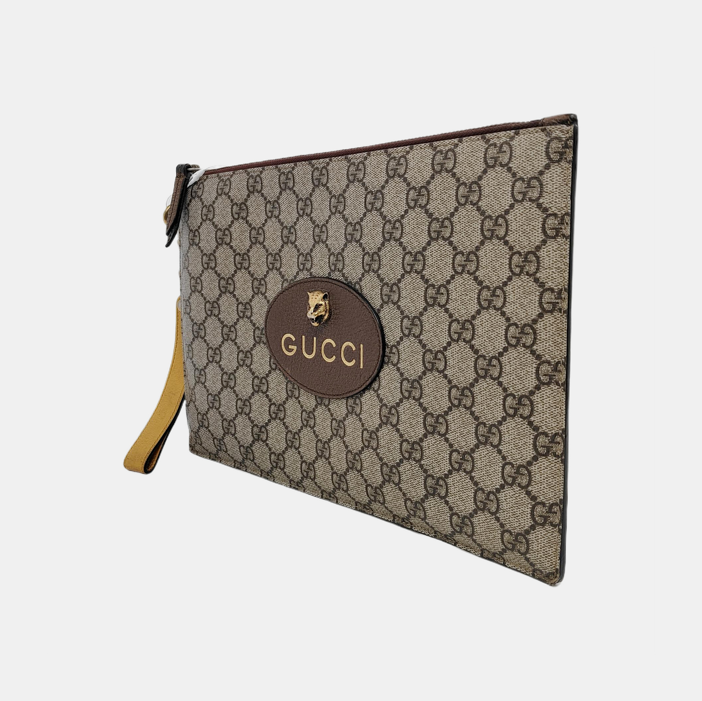 GUCCI Neo Vintage Khaki Coated Canvas Monogram Tiger Head Bag Clutch Golden hardware-(SKU)-946504003