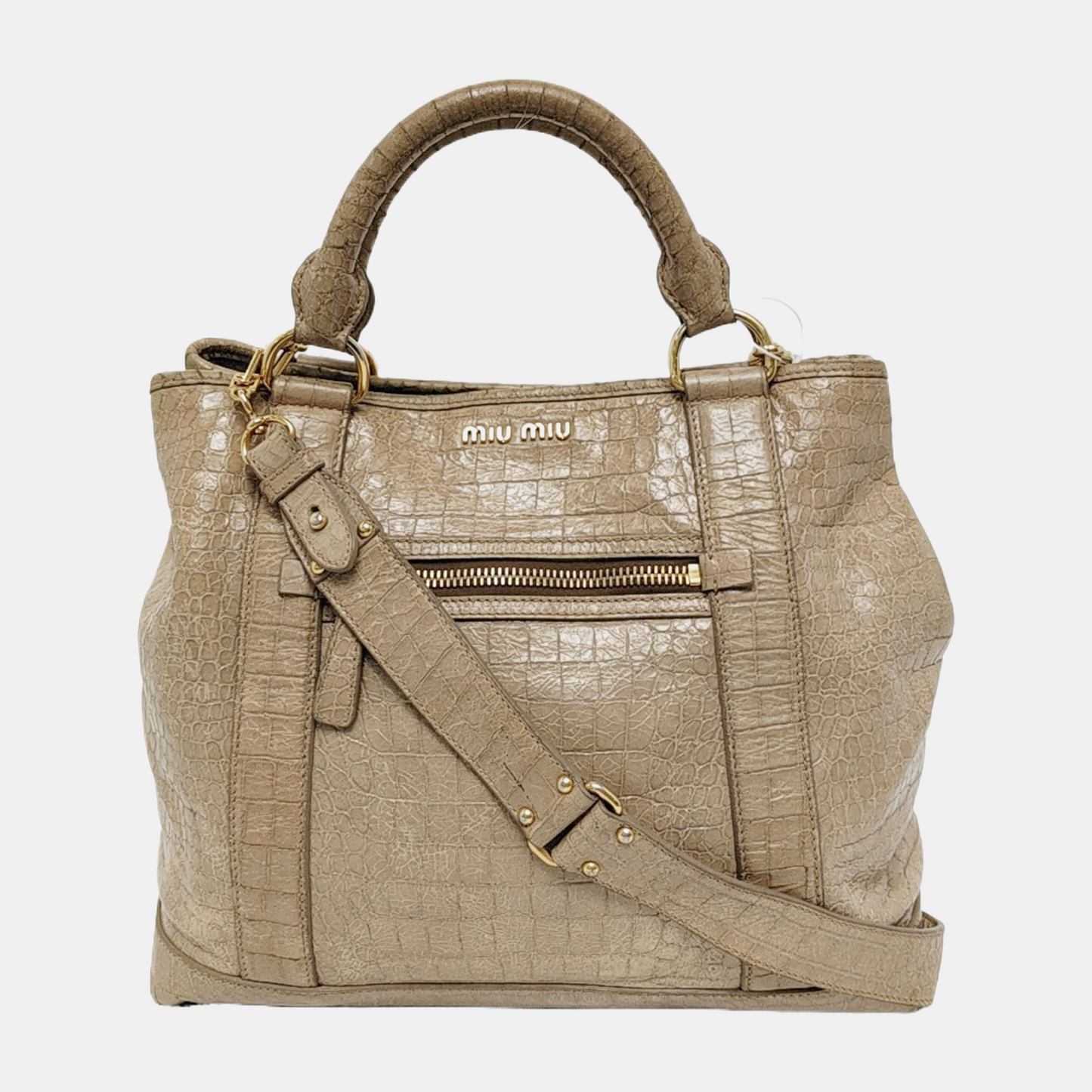Miu Miu Tote bag Khaki Cowhide Crocodile Pattern Single Shoulder Bag Tote Bag Crossbody Golden hardware Removable shoulder strap-(SKU)-947097579