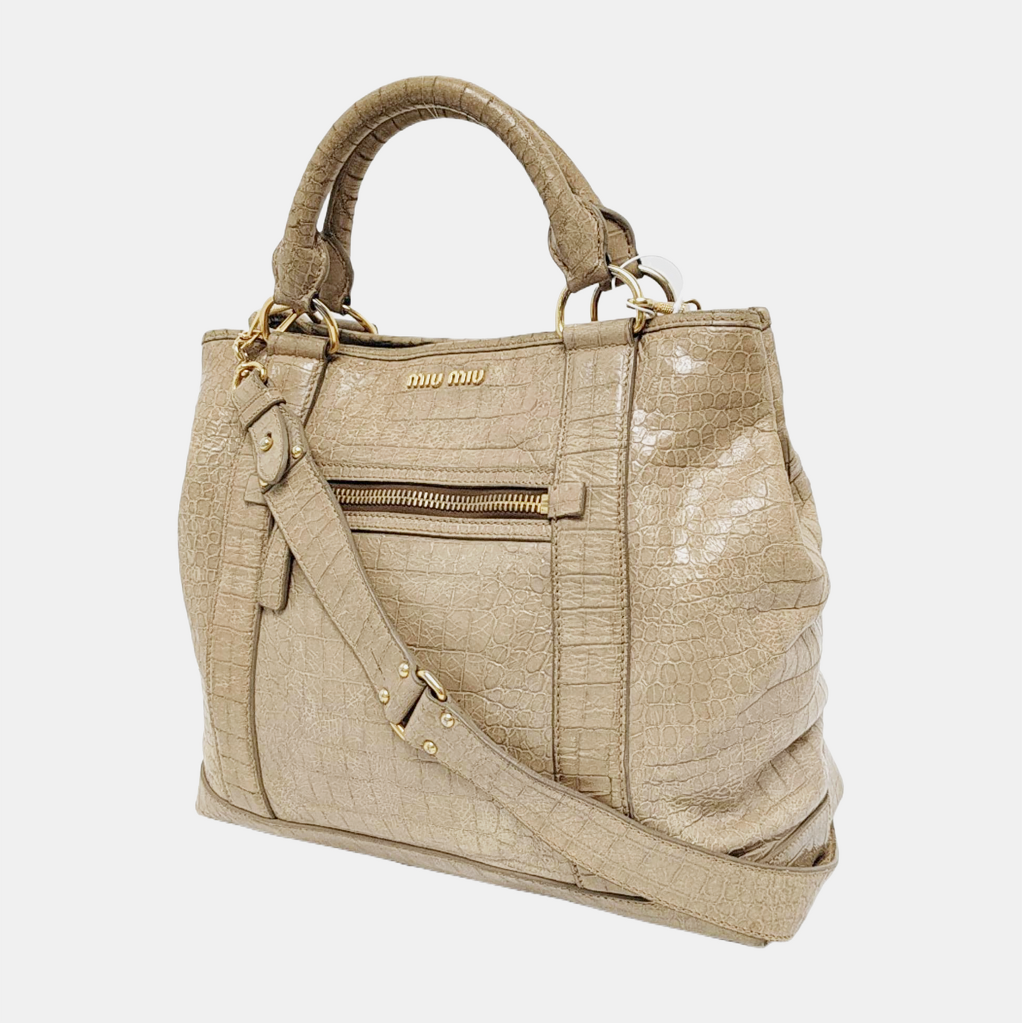 Miu Miu Tote bag Khaki Cowhide Crocodile Pattern Single Shoulder Bag Tote Bag Crossbody Golden hardware Removable shoulder strap-(SKU)-947097579