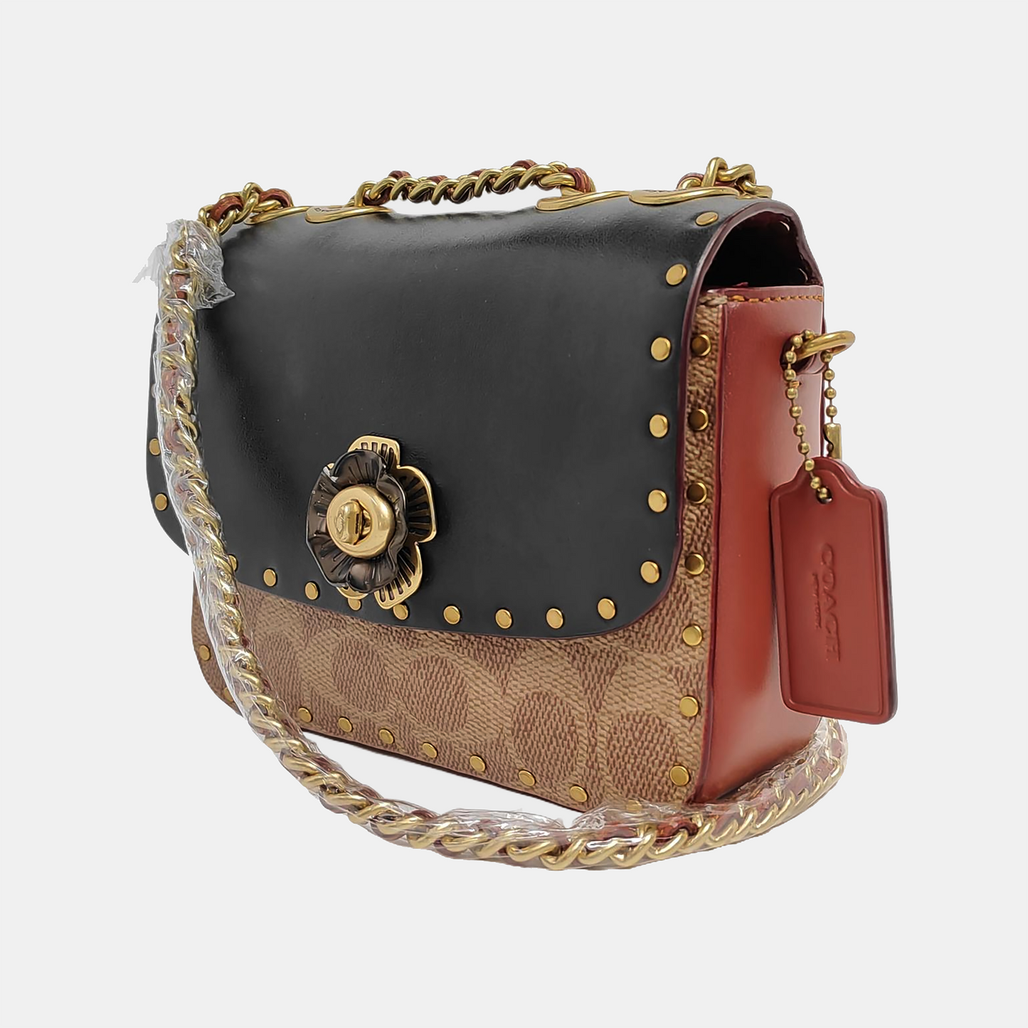 COACH MADISON Black Calfskin Leather Monogrammed Stud Single Shoulder Bag with Crossbody Gold Black Hardware-(SKU)-938190006