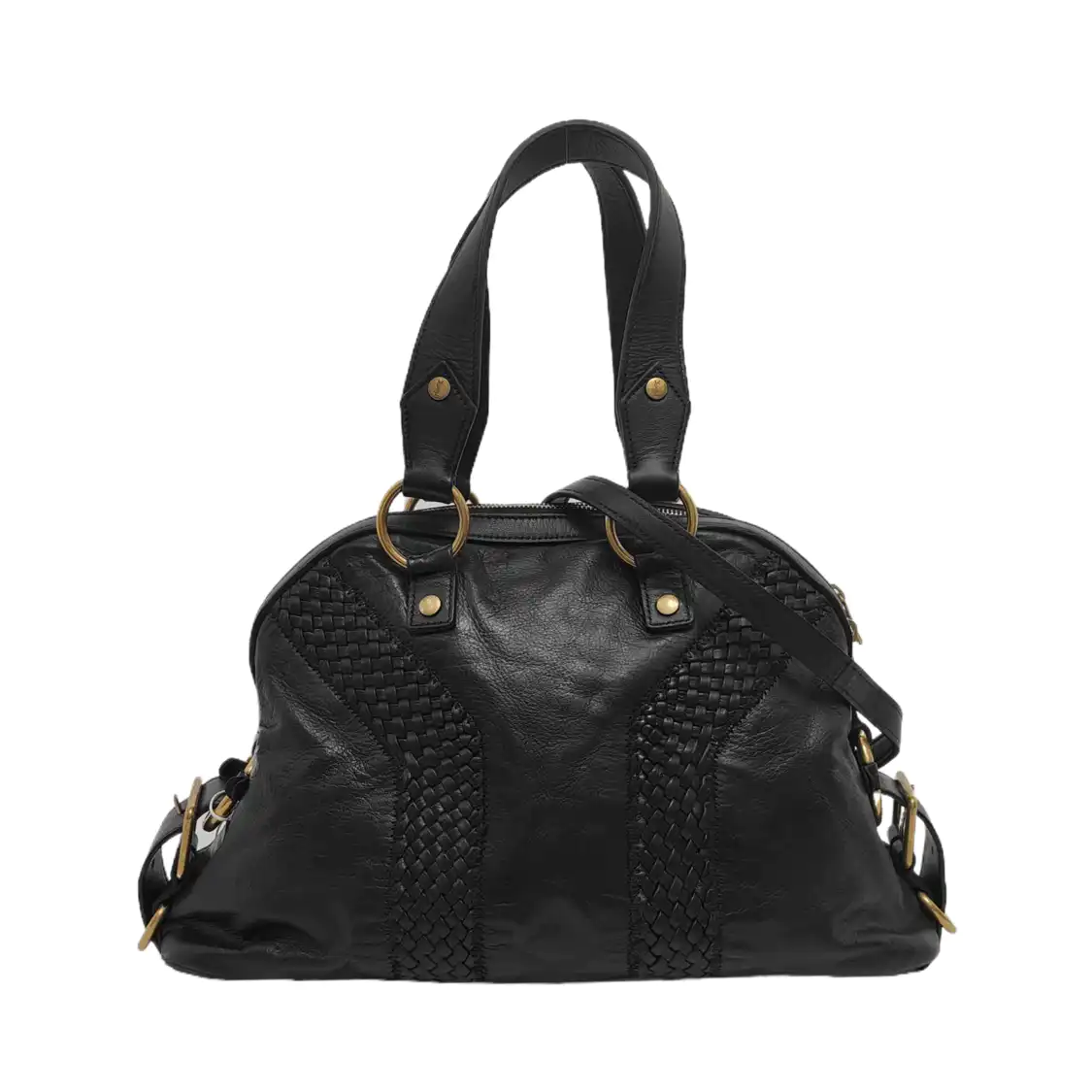 YSL MUSE Black Leather Studs Braided Handbag Shoulder Bag Golden hardware Removable shoulder strap-(SKU)-947588322