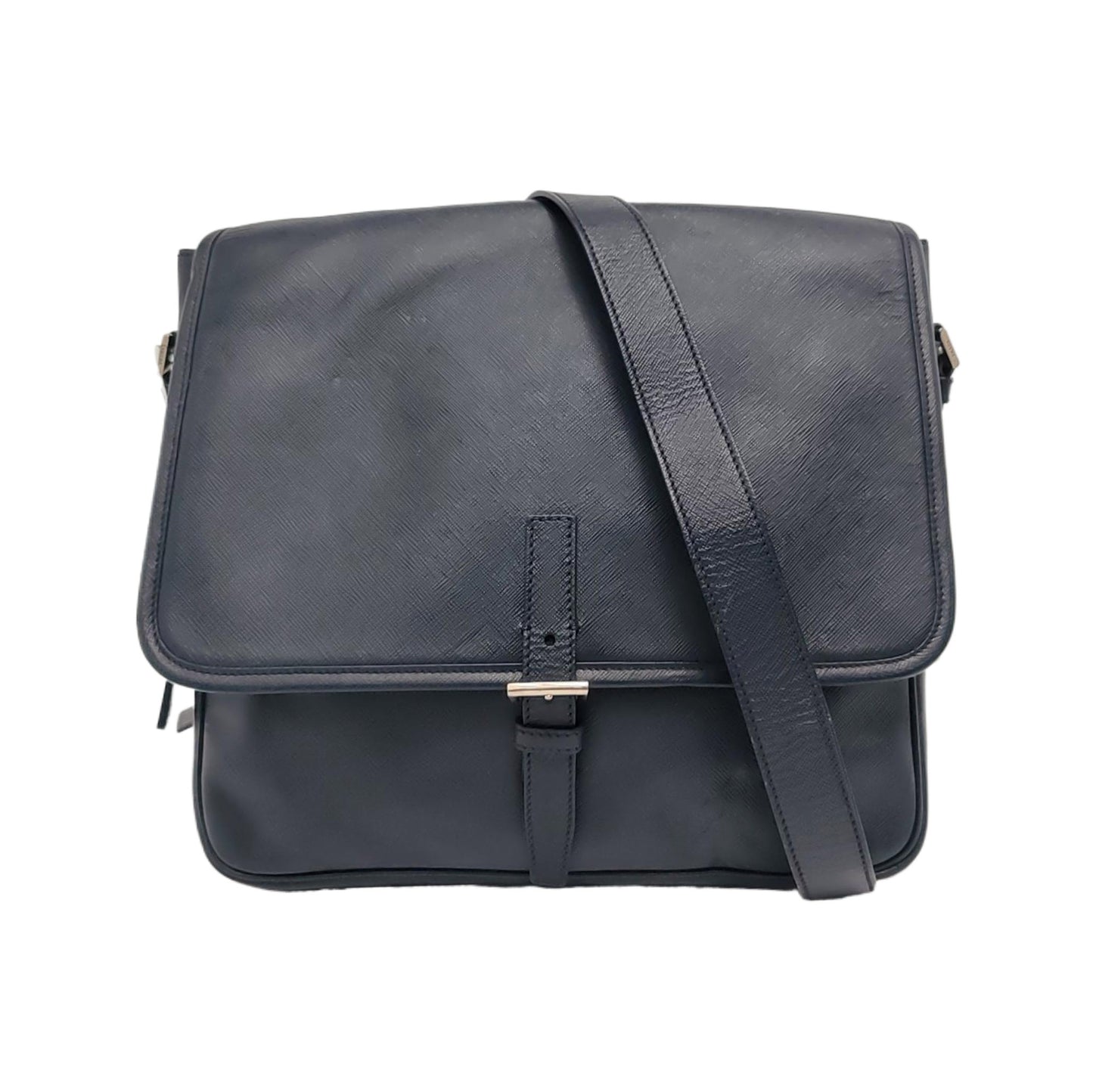 PRADA Dark Blue Cowhide Cross Grain Crossbody Bag Single Shoulder Bag Silver Hardware-(SKU)-949542016