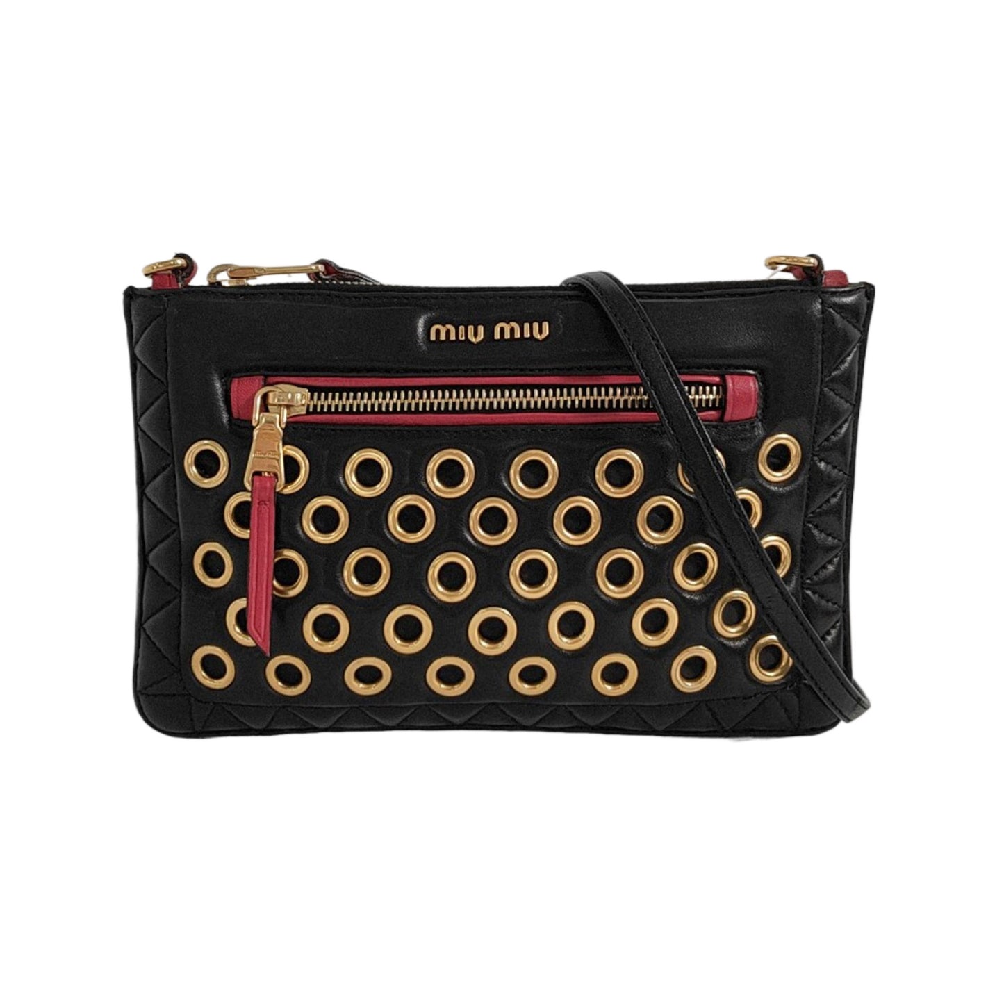 Miu Miu Black Sheepskin Quilted Studs Crossbody Shoulder Bag Clutch Golden hardware Removable shoulder strap-(SKU)-949793506