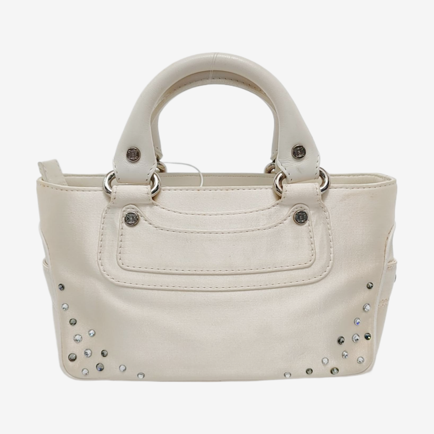 CELINE BOOGIE Beige Satin Studs Handbag Silver Hardware-(SKU)-950400052