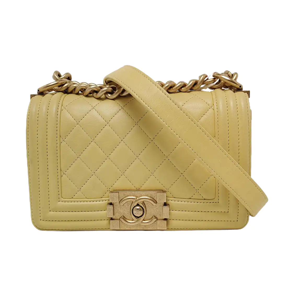 CHANEL BOY CHANEL Small Size Yellow Calfskin Quilted Diagonal Bag, Shoulder Bag with Detachable Strap, Golden Hardware, 27 Clasps-(SKU)-950300826