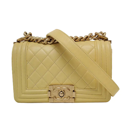 CHANEL BOY CHANEL Small Size Yellow Calfskin Quilted Diagonal Bag, Shoulder Bag with Detachable Strap, Golden Hardware, 27 Clasps-(SKU)-950300826