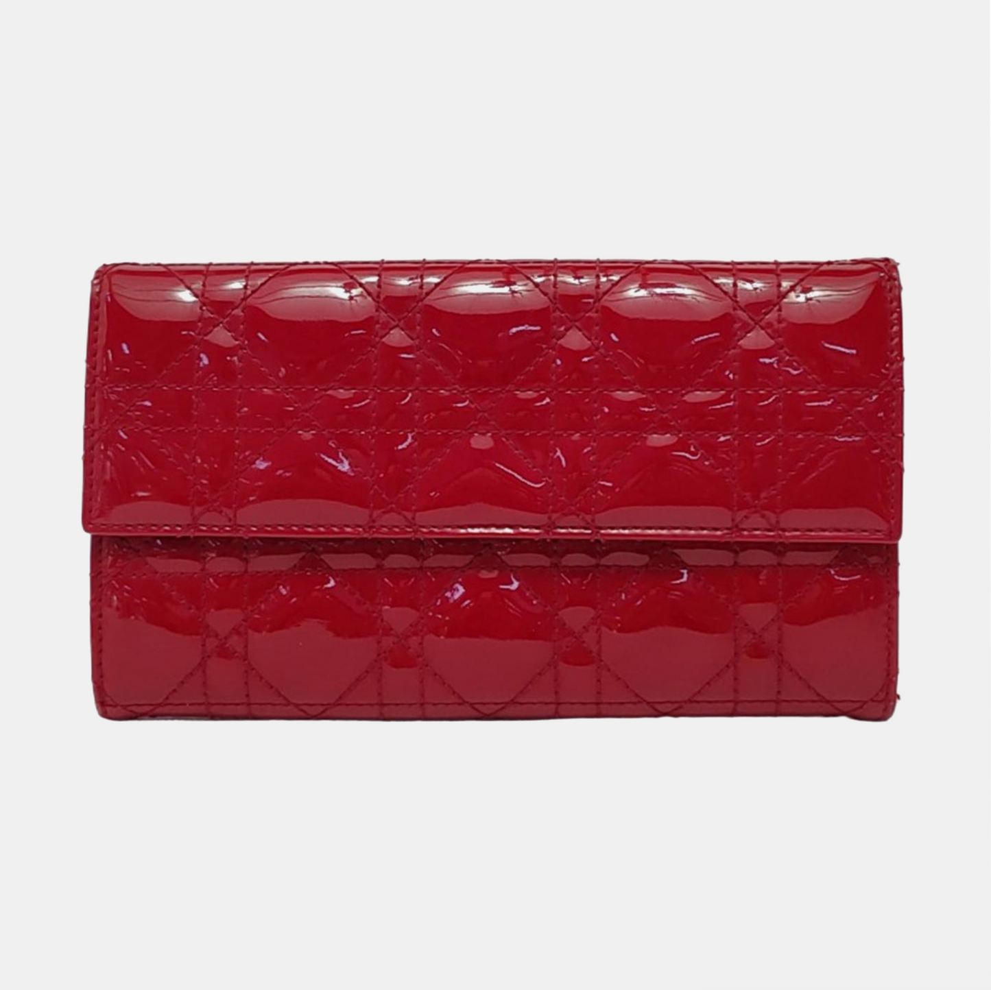 DIOR Lady Dior Burgundy Patent Leather Basketweave Stitched Wallet Golden hardware-(SKU)-950463180