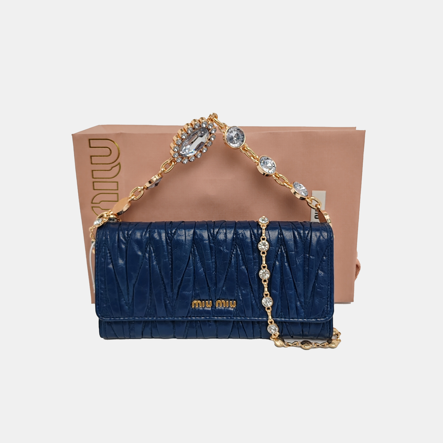 Miu Miu Dark Blue Sheepskin Stitched Wallet Golden hardware-(SKU)-950467224