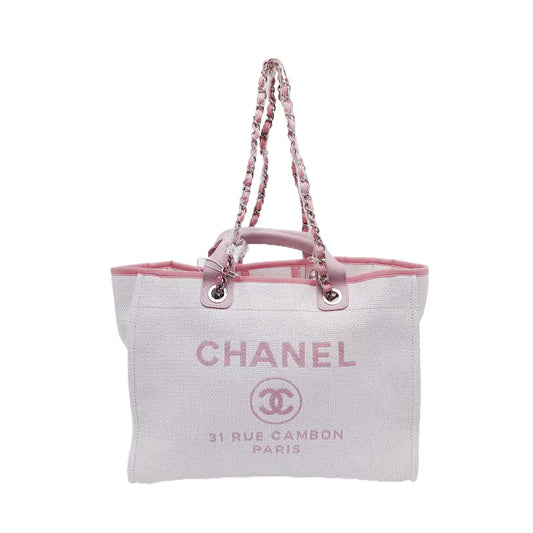 CHANEL DEAUVILLE Large White Canvas Beach Bag Single Shoulder Bag with Silver Hardware, 21 Clasp-(SKU)-950557027
