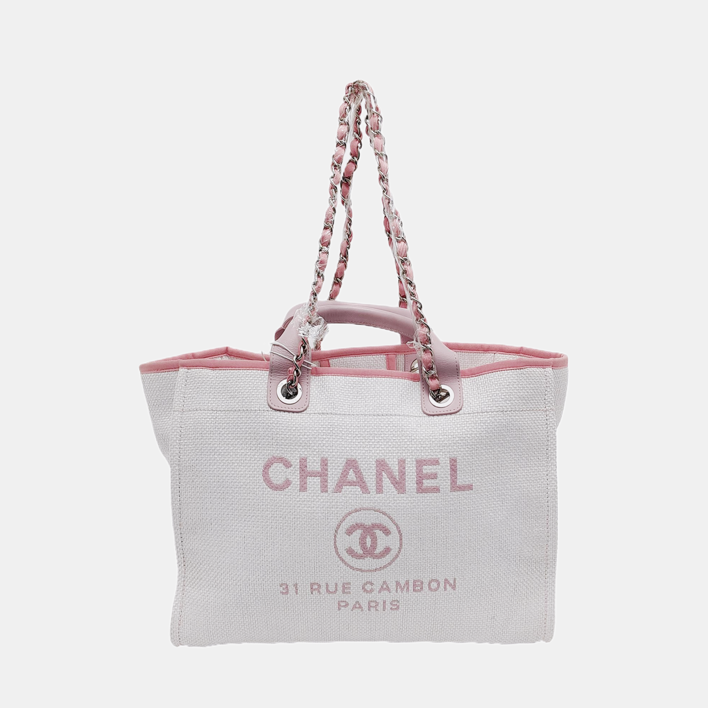 CHANEL DEAUVILLE Large White Canvas Beach Bag Single Shoulder Bag with Silver Hardware, 21 Clasp-(SKU)-950557027