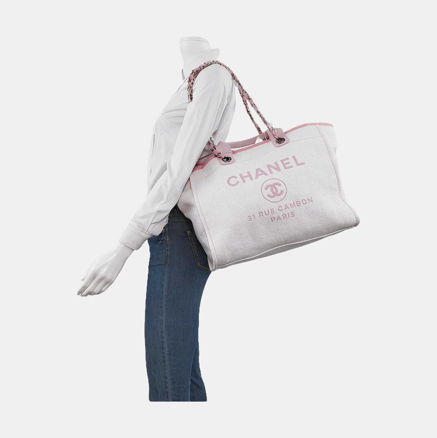 CHANEL DEAUVILLE Large White Canvas Beach Bag Single Shoulder Bag with Silver Hardware, 21 Clasp-(SKU)-950557027