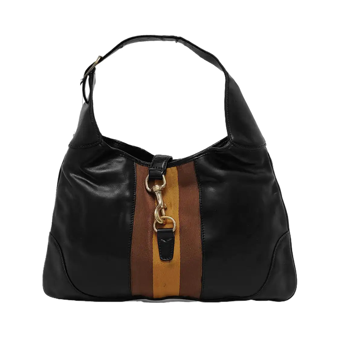 GUCCI Jackie Black Cowhide Stripe Strap Shoulder Bag Tote Golden hardware-(SKU)-945400595