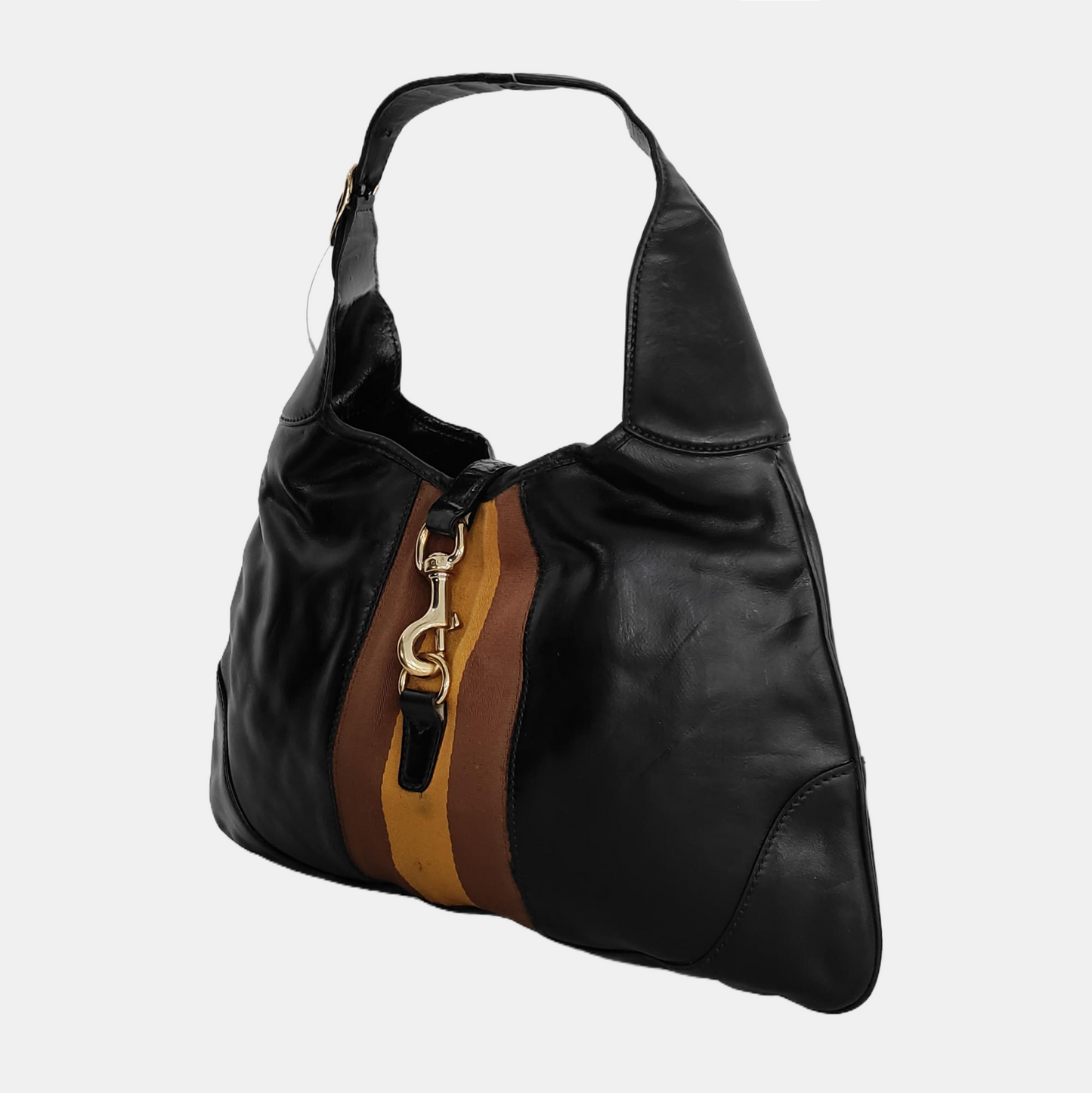 GUCCI Jackie Black Cowhide Stripe Strap Shoulder Bag Tote Golden hardware-(SKU)-945400595