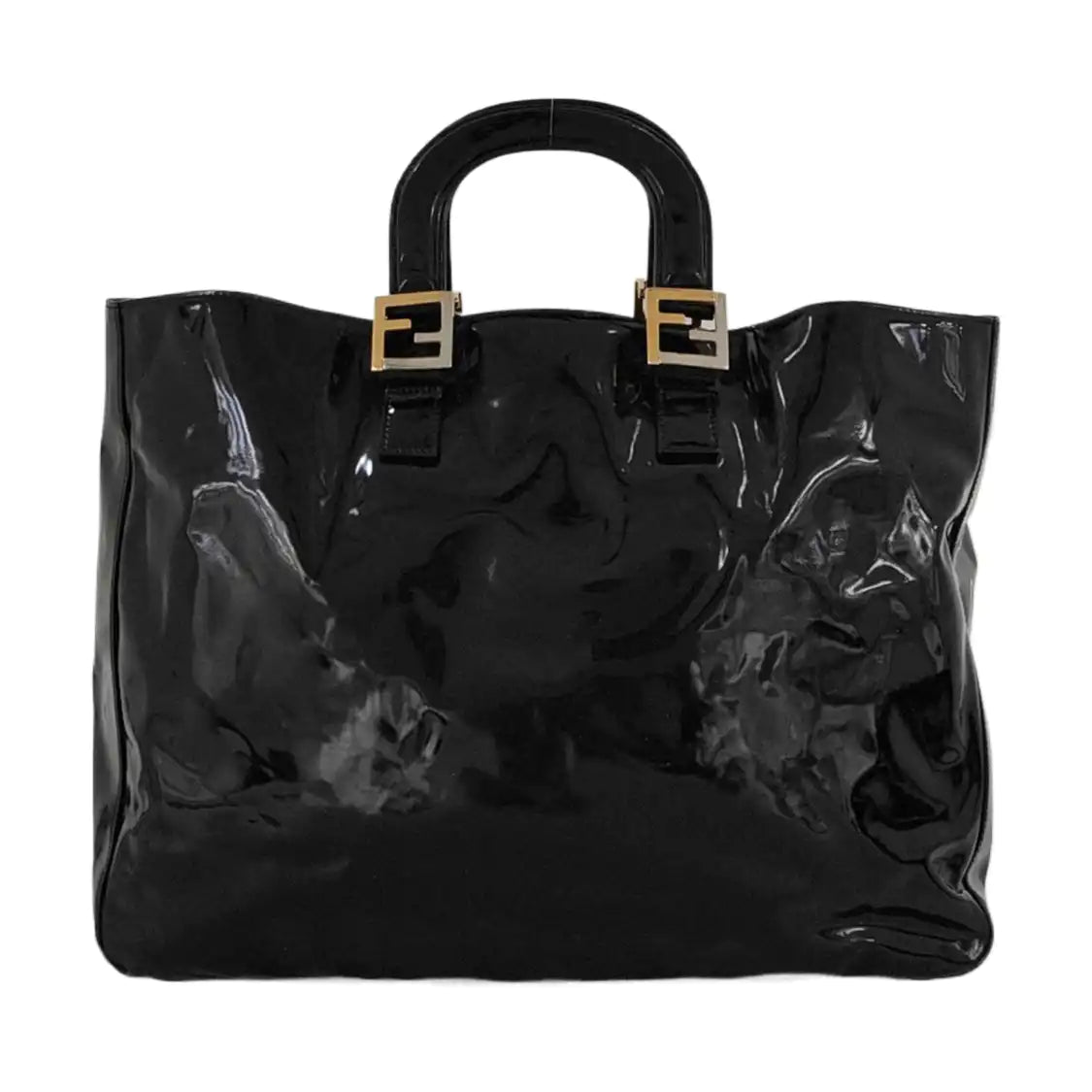 FENDI Tote bag Black漆皮双FHandheld包 Golden Silver Hardware-(SKU)-951092965