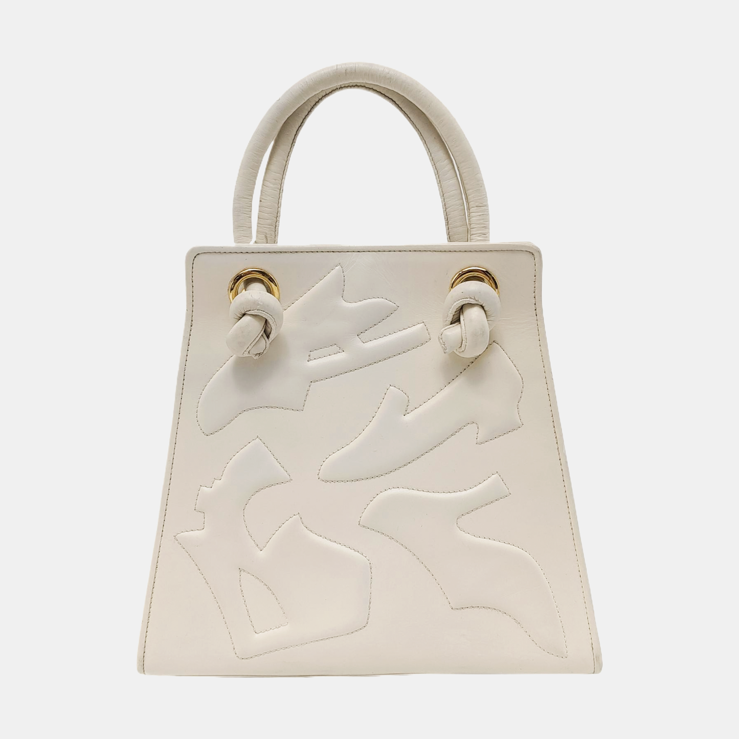 FERRAGAMO White Leather Embossed Tote Bag Golden hardware-(SKU)-951805301