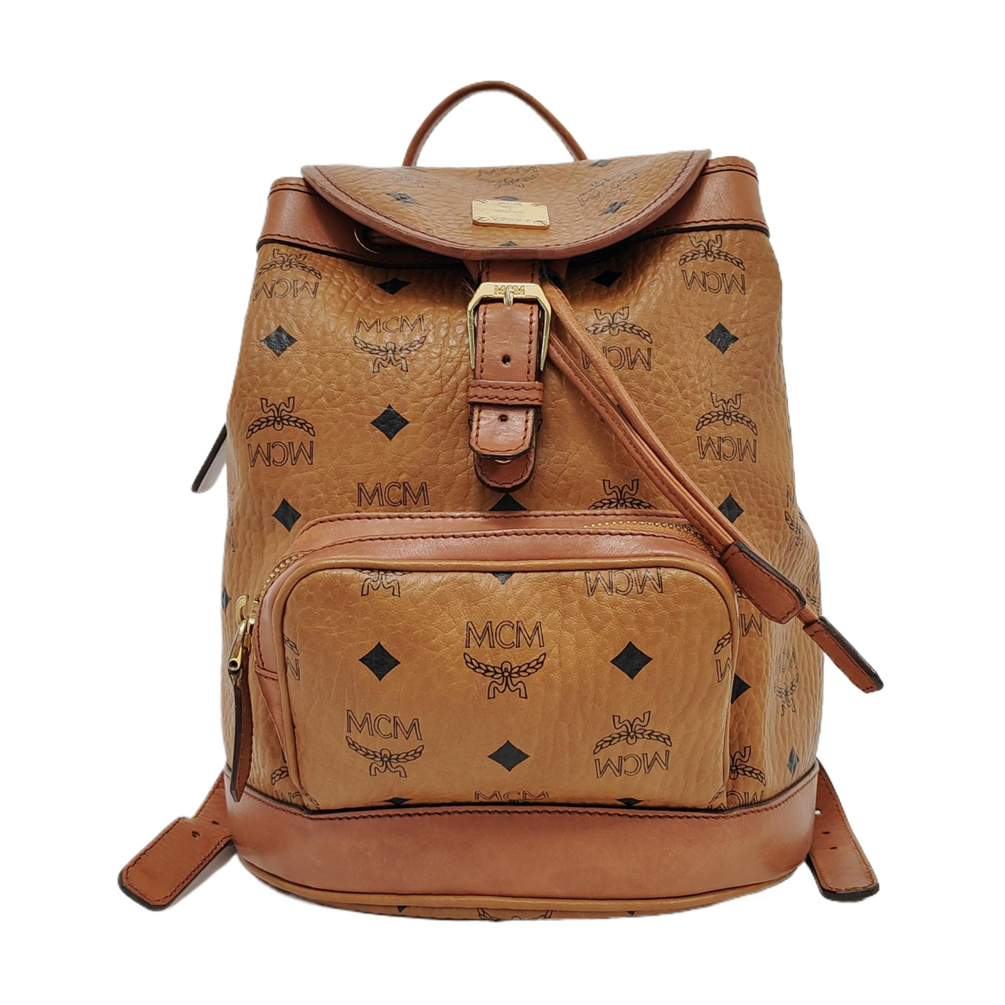 MCM Cognac Coated Canvas Monogrammed Backpack Golden hardware-(SKU)-951930001