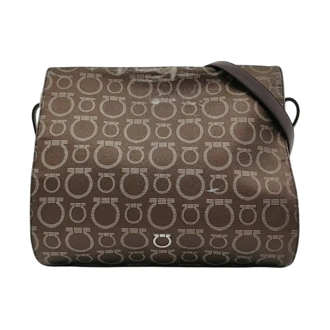 FERRAGAMO Dark Brown Coated Canvas Print Single Shoulder Bag Crossbody Bag Silver Hardware-(SKU)-952089727