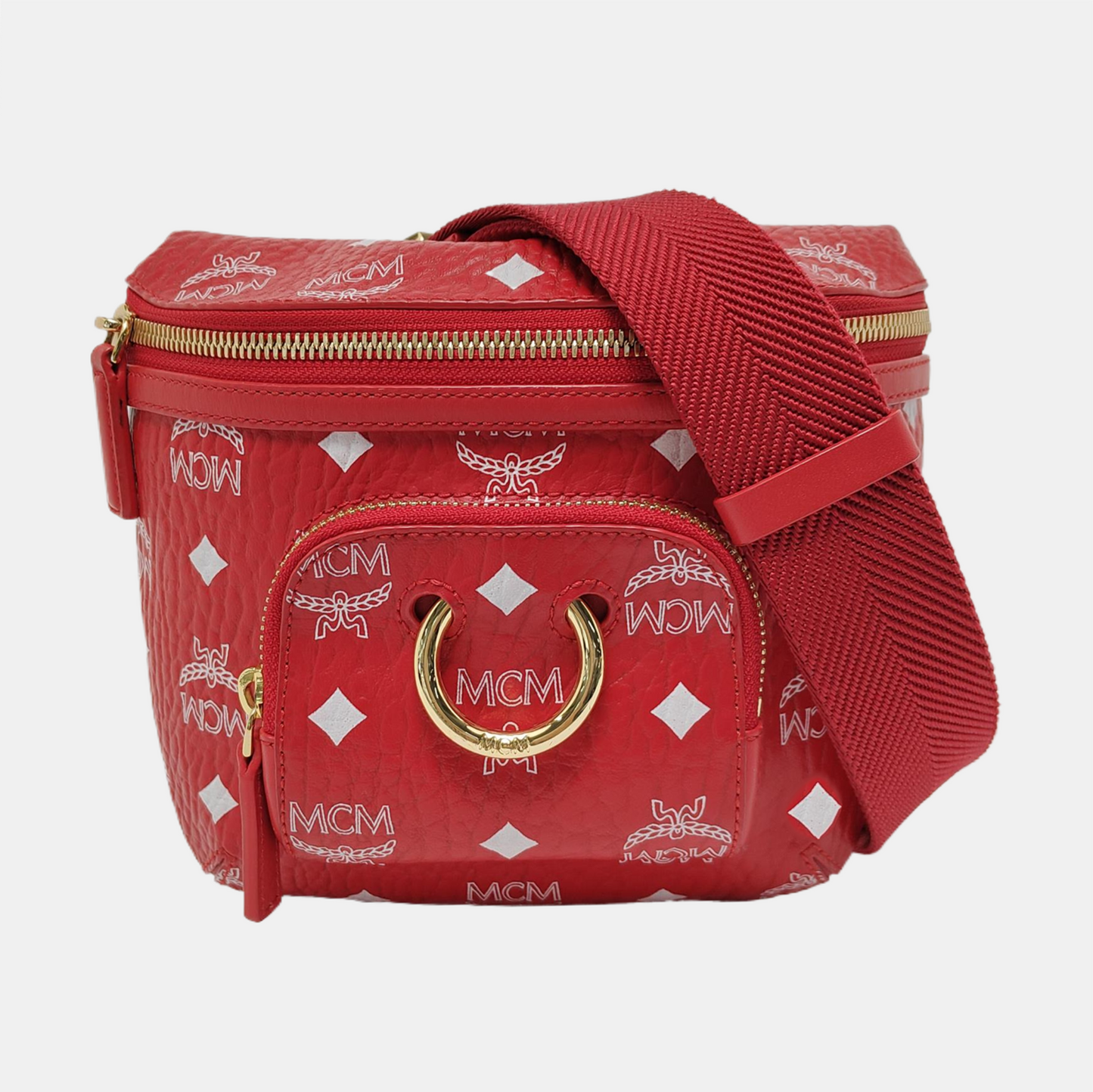 MCM KLASSIK Small size Red Coated Canvas Printed Shoulder Bag Crossbody Golden hardware Removable shoulder strap-(SKU)-952009308